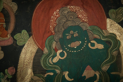 18th century Green Jambhala Thangka Cotton Fabric Mineral Pigments Superfine Masterpiece