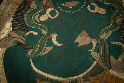 18th century Green Jambhala Thangka Cotton Fabric Mineral Pigments Superfine Masterpiece