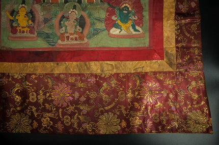 18th century Green Jambhala Thangka Cotton Fabric Mineral Pigments Superfine Masterpiece