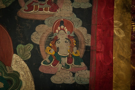 18th century Green Jambhala Thangka Cotton Fabric Mineral Pigments Superfine Masterpiece