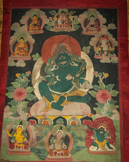 18th century Green Jambhala Thangka Cotton Fabric Mineral Pigments Superfine Masterpiece