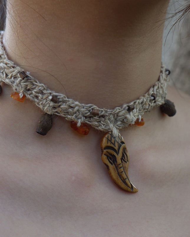 Guardian Spirit Handmade Necklace with Amber and Yak Bone