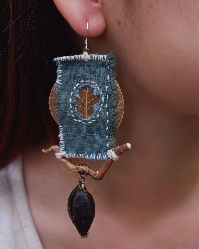 Tranquility Leaf Fabric Earrings with Brass and Silver