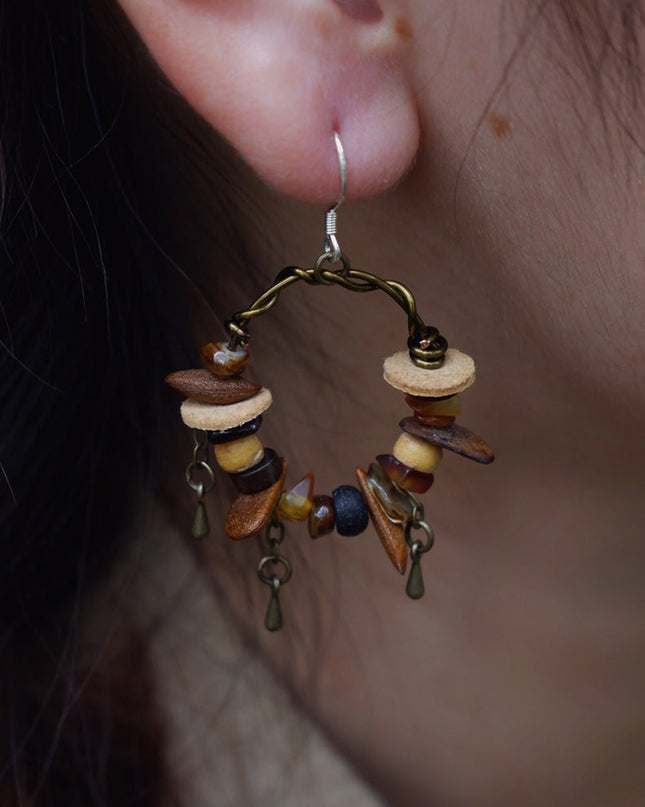 Protective Harmony Hoop Earrings with Amber and Yak Bone