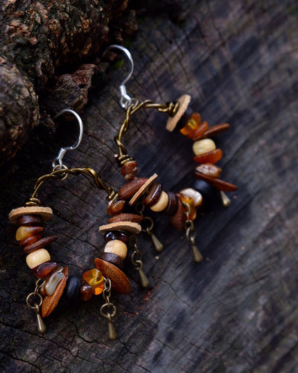 Protective Harmony Hoop Earrings with Amber and Yak Bone