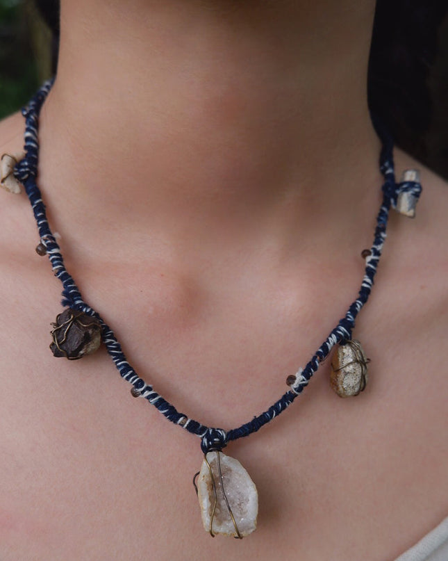 Serene Balance Crystal Fossil Necklace with Indigo Dyed Cord