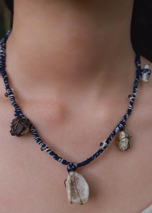Serene Balance Crystal Fossil Necklace with Indigo Dyed Cord