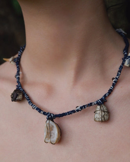 Serene Balance Crystal Fossil Necklace with Indigo Dyed Cord