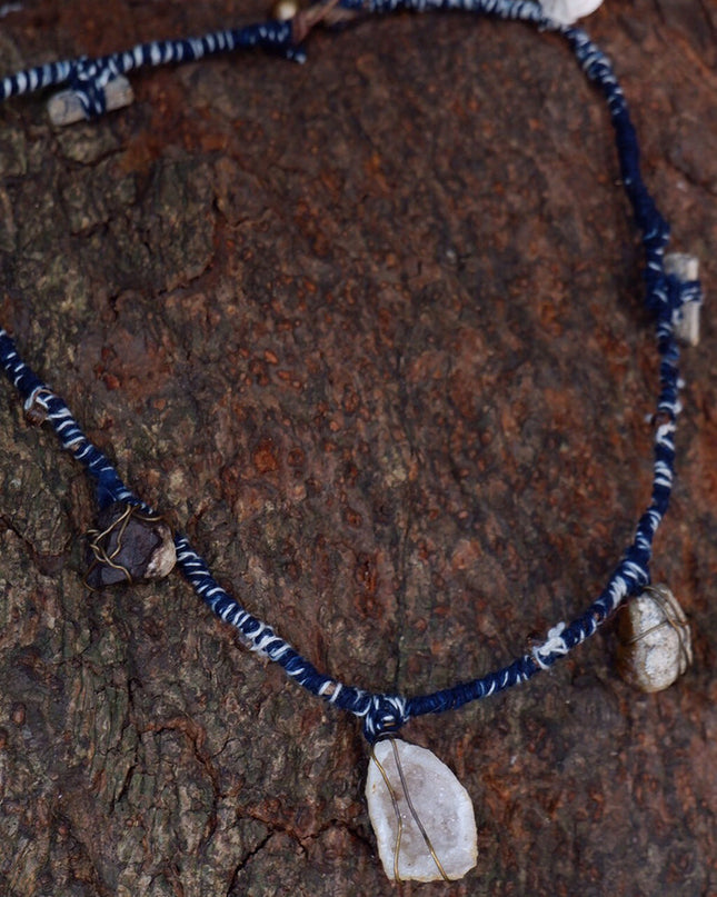 Serene Balance Crystal Fossil Necklace with Indigo Dyed Cord