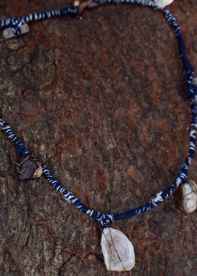 Serene Balance Crystal Fossil Necklace with Indigo Dyed Cord