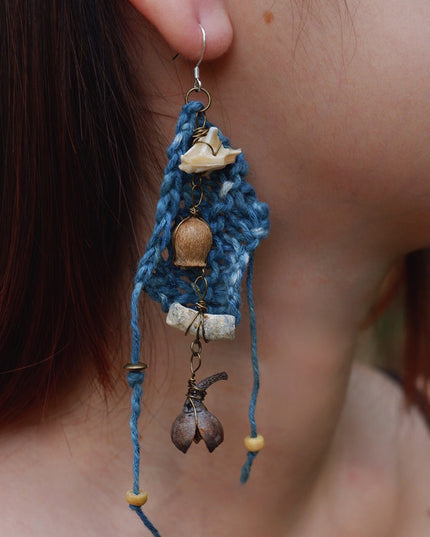 Calm Essence Handmade Earrings with Indigo Cotton and Natural Elements