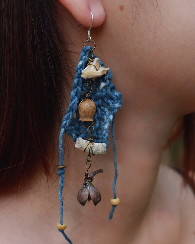 Calm Essence Handmade Earrings with Indigo Cotton and Natural Elements