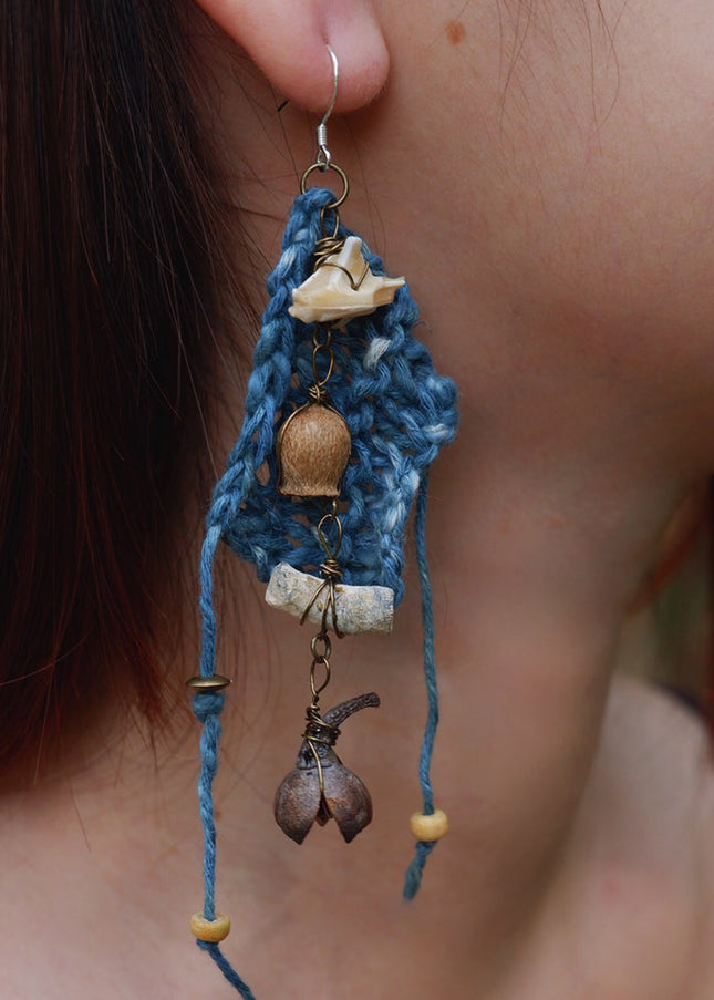Calm Essence Handmade Earrings with Indigo Cotton and Natural Elements