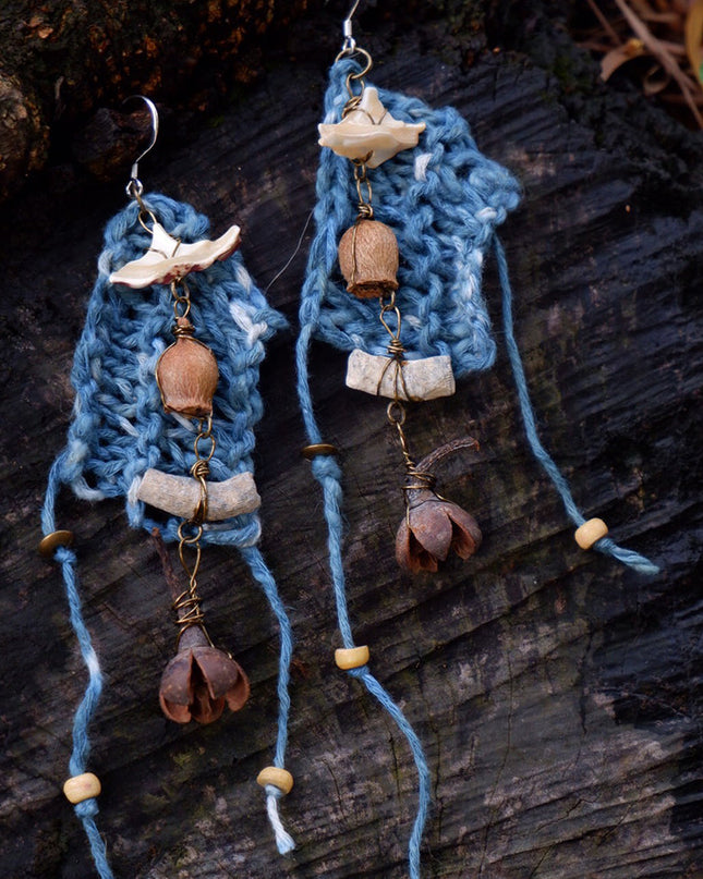 Calm Essence Handmade Earrings with Indigo Cotton and Natural Elements
