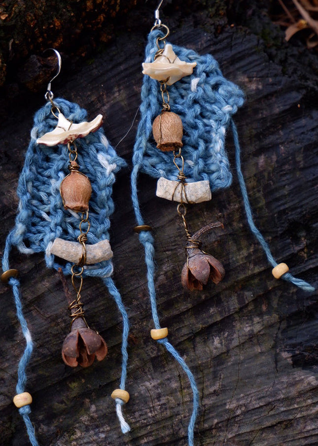 Calm Essence Handmade Earrings with Indigo Cotton and Natural Elements