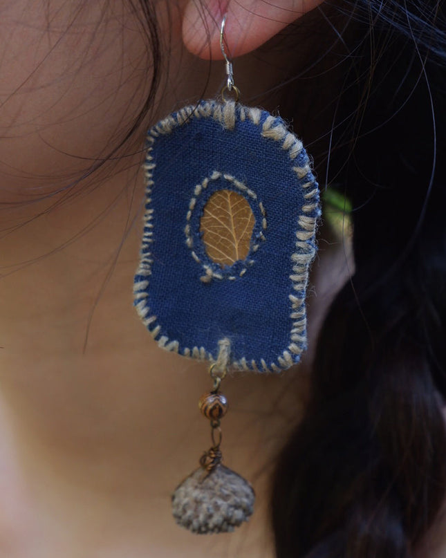 Blessed Leaf Artisan Earrings with Handwoven Fabric