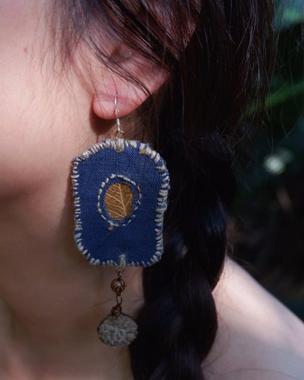 Blessed Leaf Artisan Earrings with Handwoven Fabric