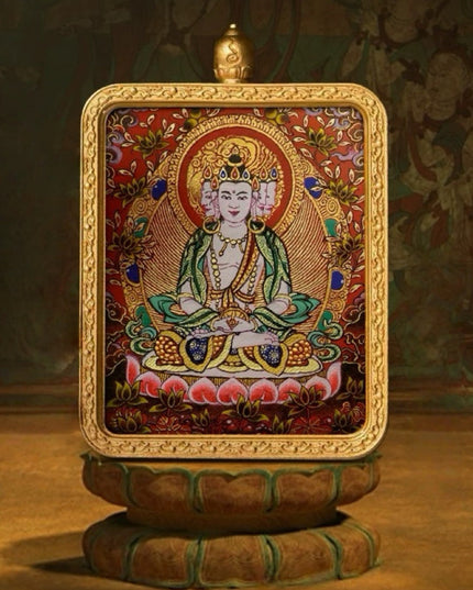 Vairocana Buddha Tibetan Hand-Painted Thangka Pendant - Zodiac Goat & Monkey Guardian Amulet