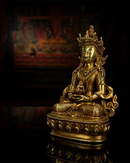 19th Century Amitayus Tibetan Antique Buddha Statue Bronze Gilt From Zhongwuer Monastery