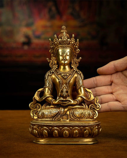 19th Century Amitayus Tibetan Antique Buddha Statue Bronze Gilt From Zhongwuer Monastery