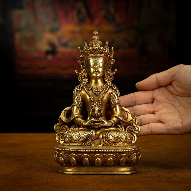 19th Century Amitayus Tibetan Antique Buddha Statue Bronze Gilt From Zhongwuer Monastery