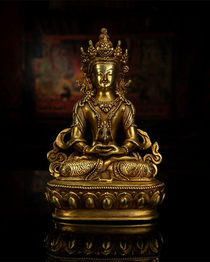 19th Century Amitayus Tibetan Antique Buddha Statue Bronze Gilt From Zhongwuer Monastery