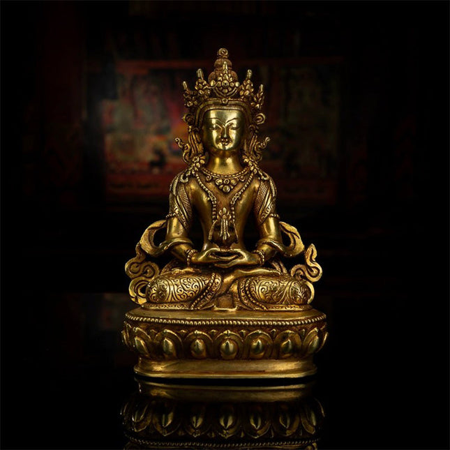 19th Century Amitayus Tibetan Antique Buddha Statue Bronze Gilt From Zhongwuer Monastery
