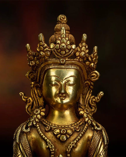 19th Century Amitayus Tibetan Antique Buddha Statue Bronze Gilt From Zhongwuer Monastery