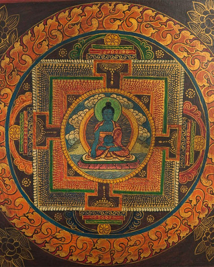 19th Century Bhaisajyaguru Butsudan Woodblock Tibetan Antique Thangka Purely Hand-painted