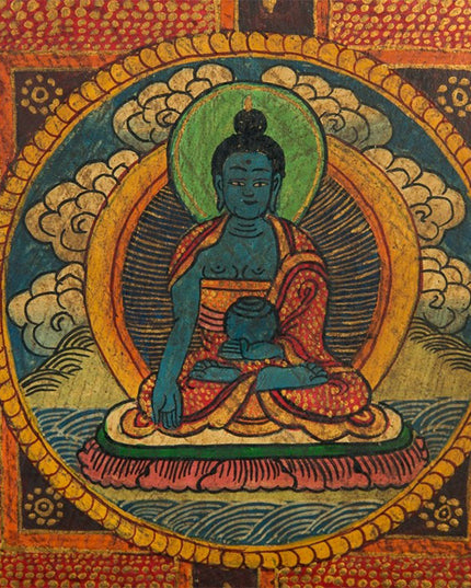 19th Century Bhaisajyaguru Butsudan Woodblock Tibetan Antique Thangka Purely Hand-painted