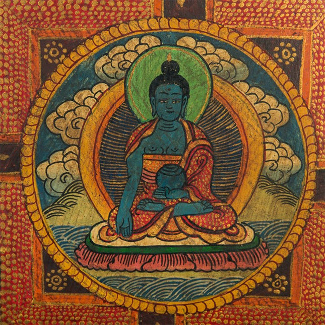 19th Century Bhaisajyaguru Butsudan Woodblock Tibetan Antique Thangka Purely Hand-painted