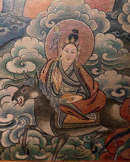 19th Century Dharmapala Vajrasadhu Riding a Goat Thangka Deer Skin Superfine Masterpiece