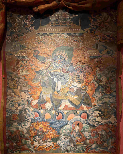 19th Century Dharmapala Vajrasadhu Riding a Goat Thangka Deer Skin Superfine Masterpiece