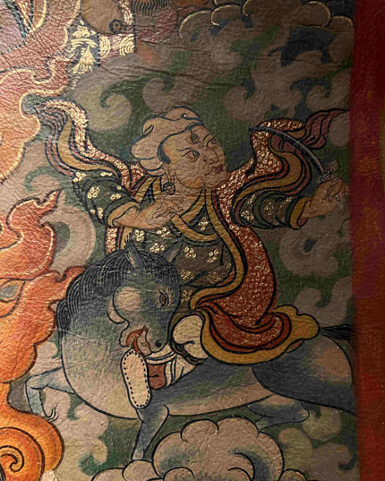 19th Century Dharmapala Vajrasadhu Riding a Goat Thangka Deer Skin Superfine Masterpiece