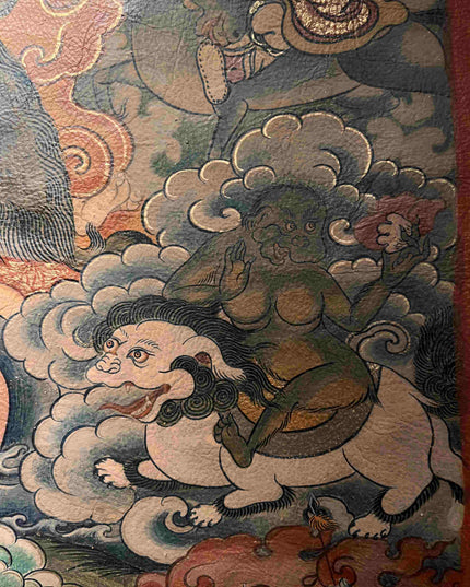 19th Century Dharmapala Vajrasadhu Riding a Goat Thangka Deer Skin Superfine Masterpiece