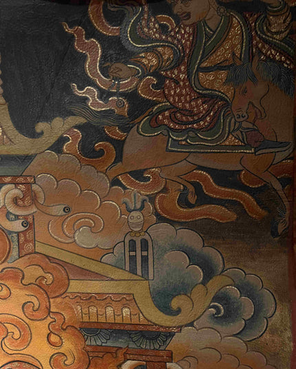 19th Century Dharmapala Vajrasadhu Riding a Goat Thangka Deer Skin Superfine Masterpiece