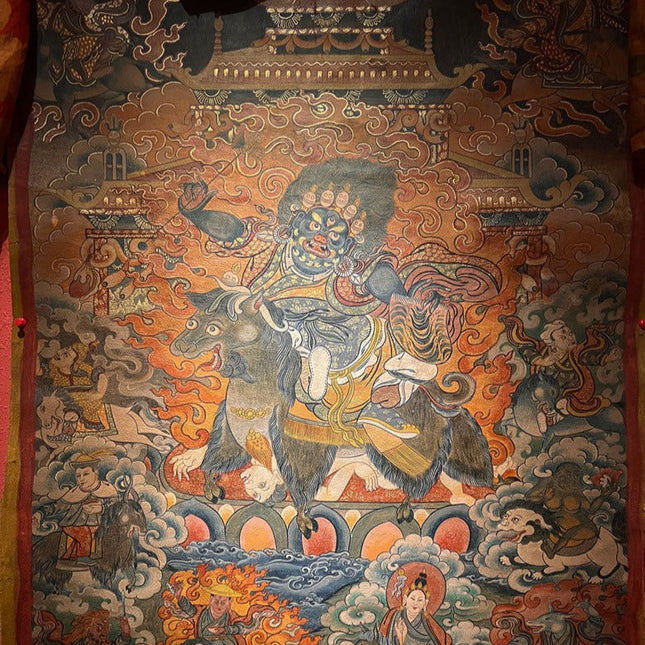 19th Century Dharmapala Vajrasadhu Riding a Goat Thangka Deer Skin Superfine Masterpiece