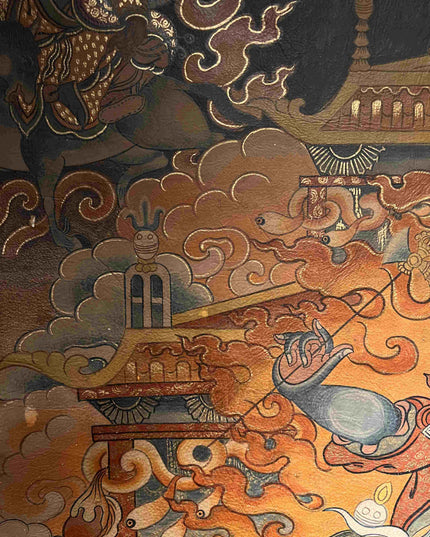 19th Century Dharmapala Vajrasadhu Riding a Goat Thangka Deer Skin Superfine Masterpiece