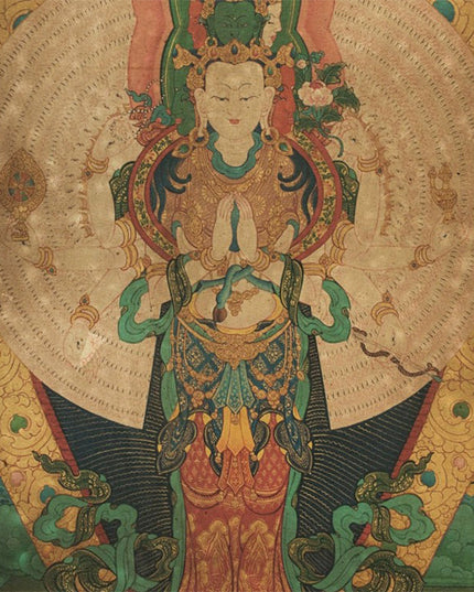 19th Century Ekādaśamukha Old Tibetan Antique Thangka Exquisitely Painted In Mineral Colors