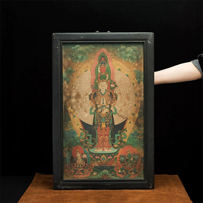 19th Century Ekādaśamukha Old Tibetan Antique Thangka Exquisitely Painted In Mineral Colors