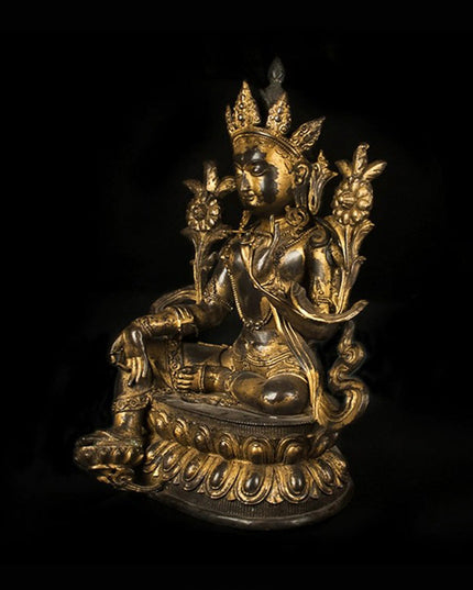 19th Century Green Tara Tibetan Antique Buddha Statue Gilt Old Bronze From Xiaodeng Monastery