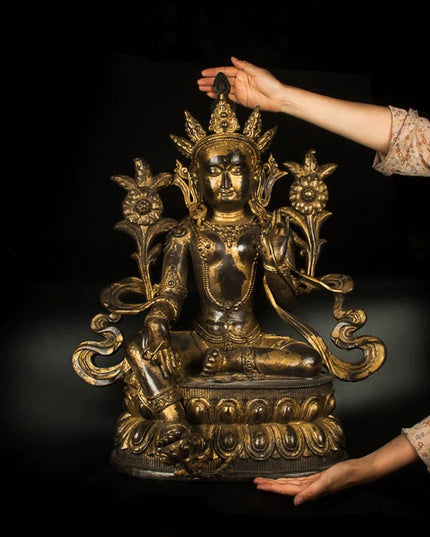 19th Century Green Tara Tibetan Antique Buddha Statue Gilt Old Bronze From Xiaodeng Monastery