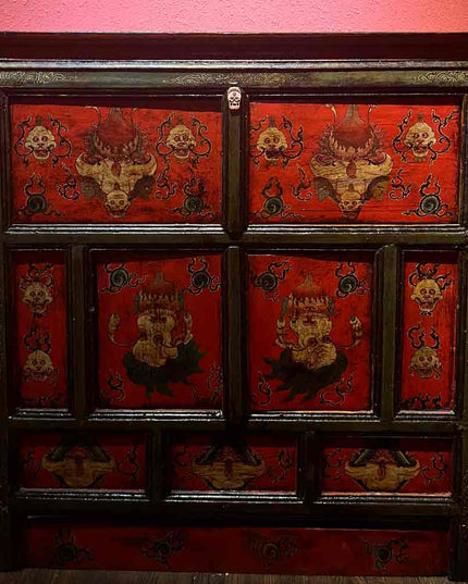 19th Century Painted “Five Senses Flower Offering” Tibetan Dharma Cabinet From Central Tibet