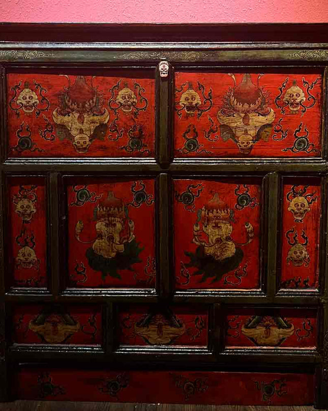 19th Century Painted “Five Senses Flower Offering” Tibetan Dharma Cabinet From Central Tibet