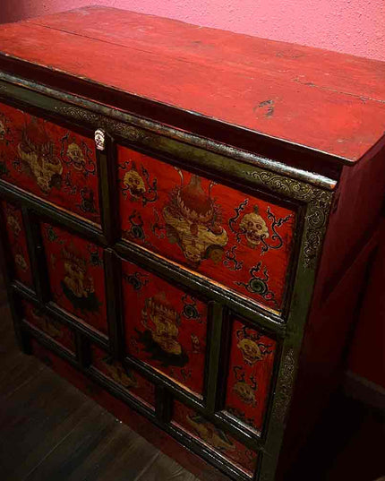 19th Century Painted “Five Senses Flower Offering” Tibetan Dharma Cabinet From Central Tibet