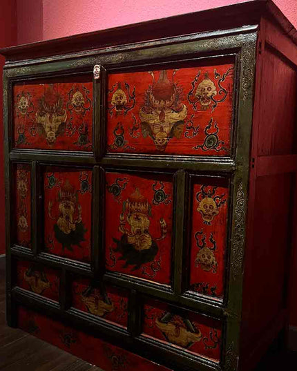 19th Century Painted “Five Senses Flower Offering” Tibetan Dharma Cabinet From Central Tibet
