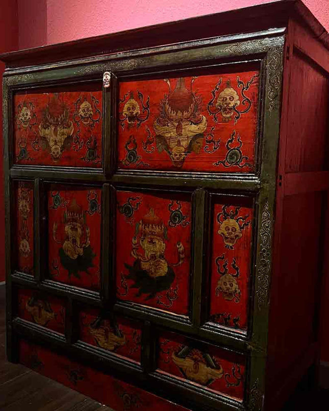 19th Century Painted “Five Senses Flower Offering” Tibetan Dharma Cabinet From Central Tibet