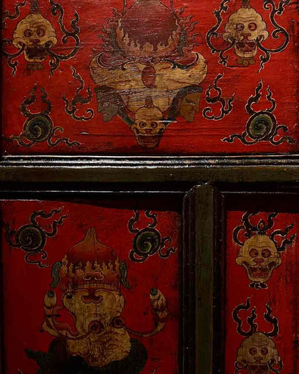 19th Century Painted “Five Senses Flower Offering” Tibetan Dharma Cabinet From Central Tibet