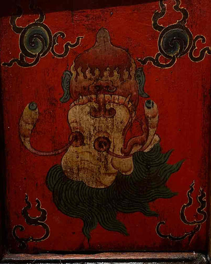 19th Century Painted “Five Senses Flower Offering” Tibetan Dharma Cabinet From Central Tibet
