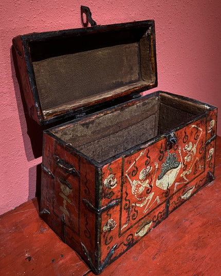 19th Century Painted Shmashana Tibetan Antique Storage Box Furniture From Central Tibet